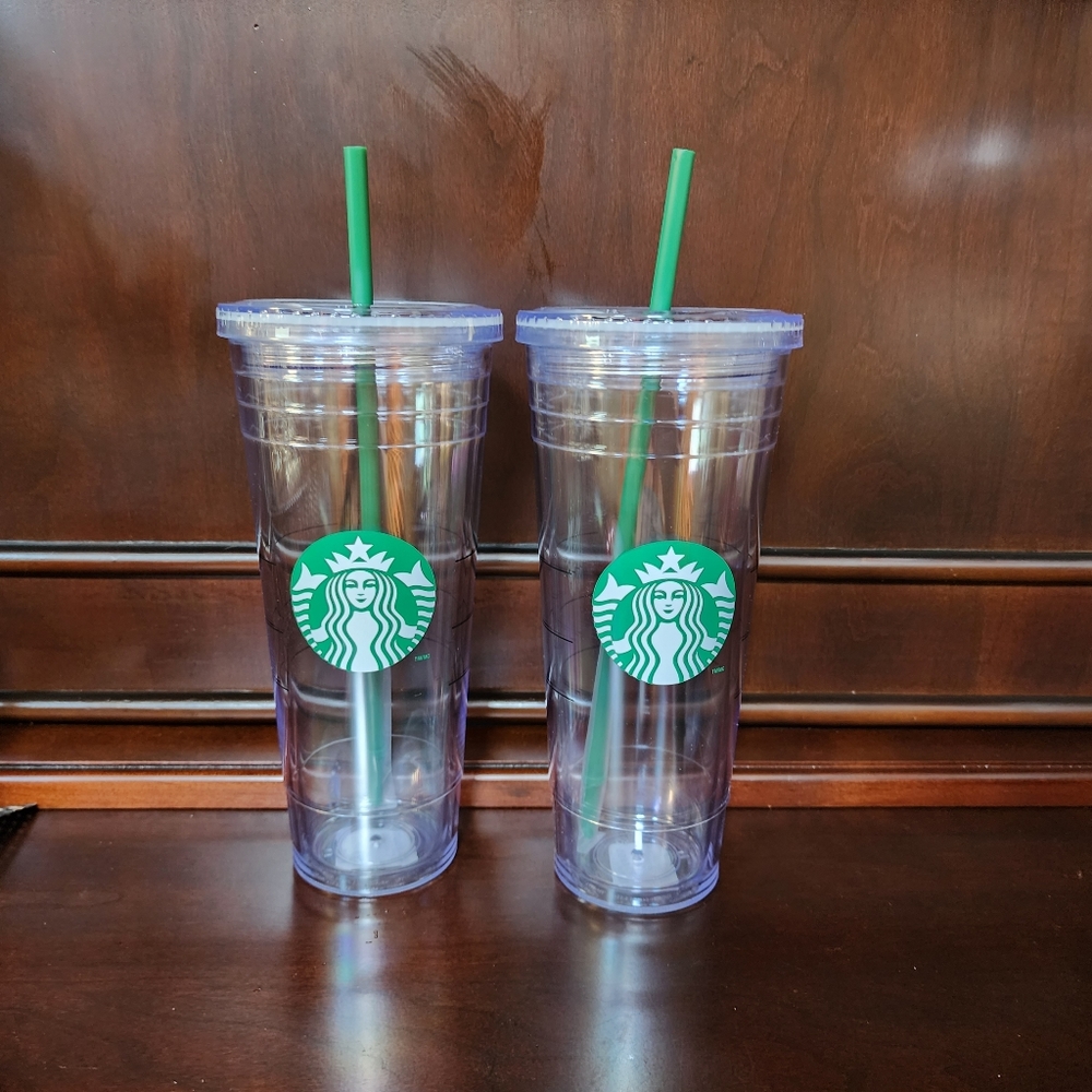 Starbucks 24 oz Venti Clear Double Wall Cold Cup - Lot of 2 - New‎ - with Straws